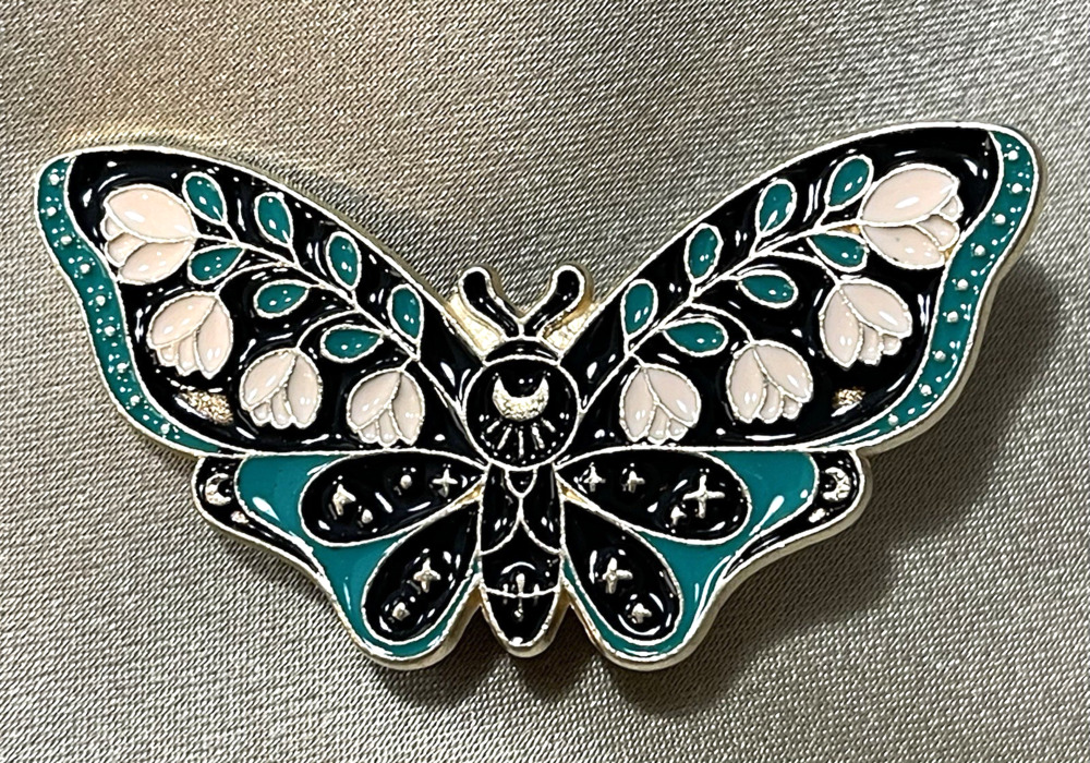 NWOT Black Butterfly Brooch Lapel Pin Enamel Floral Mint Green Cream Gold Toned